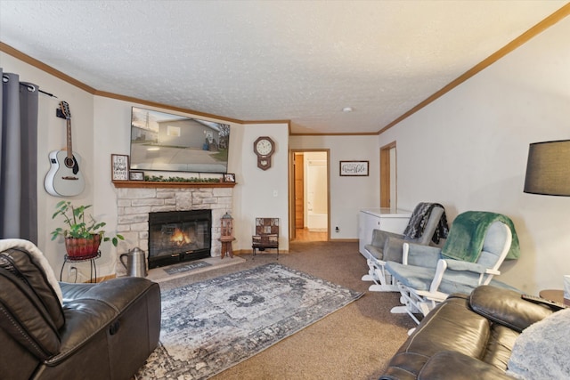 carpeted living area with ornamental molding, a textured ceiling, and a fireplace