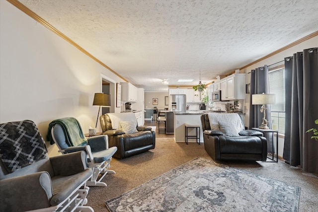carpeted living area with ornamental molding and a textured ceiling