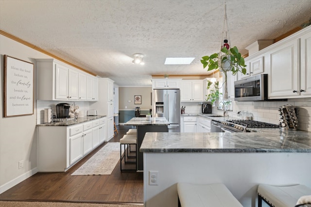kitchen with tasteful backsplash, a peninsula, stainless steel appliances, dark wood-type flooring, and a skylight