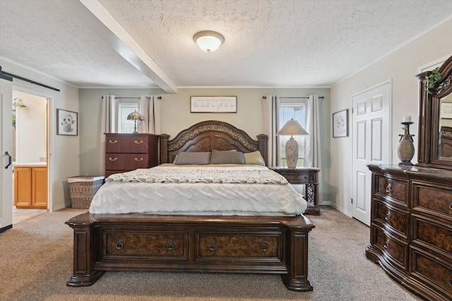 bedroom with baseboards, multiple windows, light colored carpet, and a textured ceiling