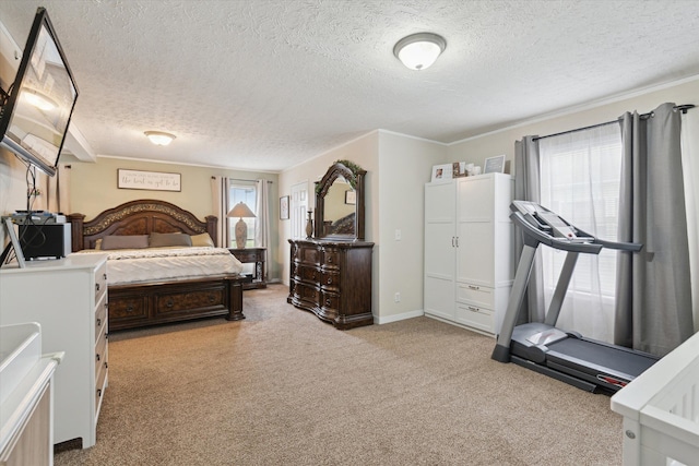 bedroom with light carpet, crown molding, and a textured ceiling