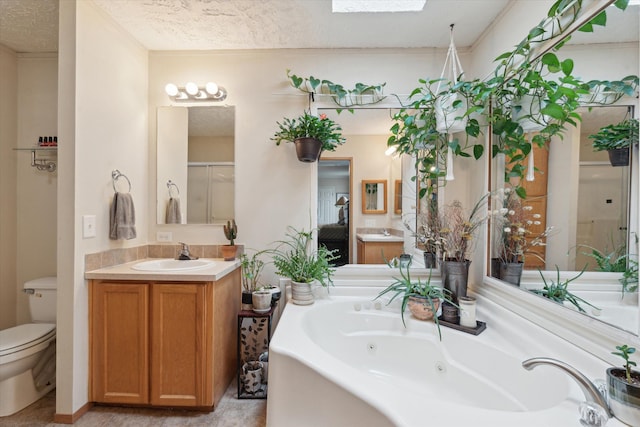 bathroom with toilet, a stall shower, vanity, and a tub with jets