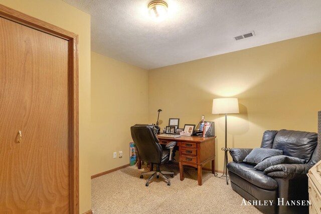 office area featuring light colored carpet, baseboards, and visible vents