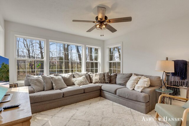 living area with ceiling fan