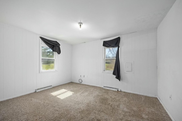 carpeted empty room with baseboard heating