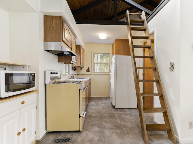 kitchen with baseboards, white appliances, light countertops, premium range hood, and a sink