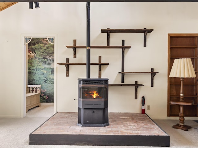 interior details with a wood stove, carpet, and a fire extinguisher