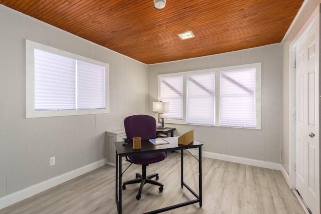 office area with light wood-type flooring, wooden ceiling, and baseboards