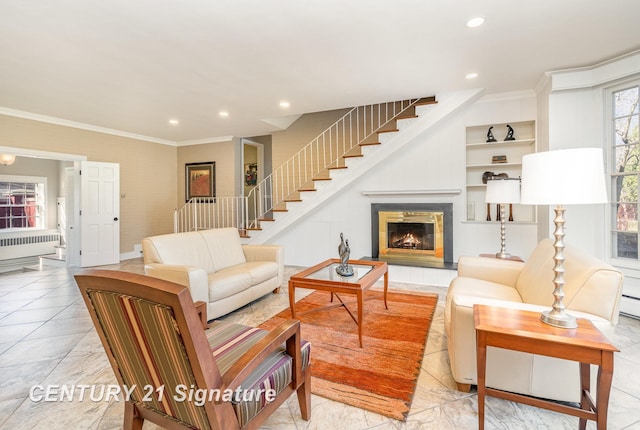 105 Parkwood Ct, Bay City, MI 48706 - living area featuring built in shelves, ornamental molding, a fireplace, recessed lighting, and stairs