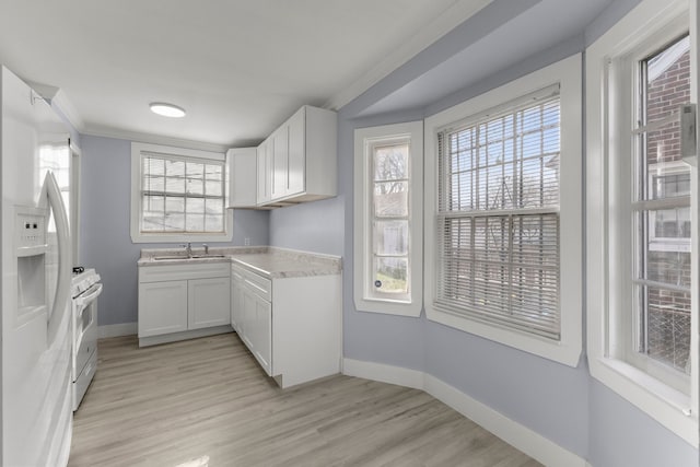 7416 Heyden St, Detroit, MI 48228 - kitchen featuring light wood-type flooring, white appliances, baseboards, and a sink