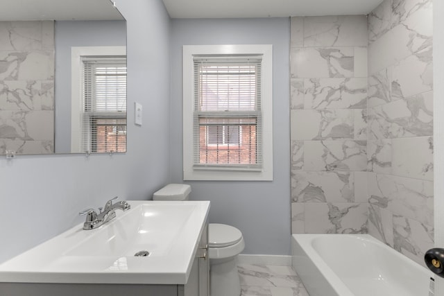 7416 Heyden St, Detroit, MI 48228 - full bath with vanity, marble finish floor, baseboards, and toilet