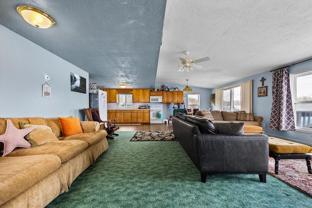 living area featuring a ceiling fan, carpet, vaulted ceiling, and a textured ceiling