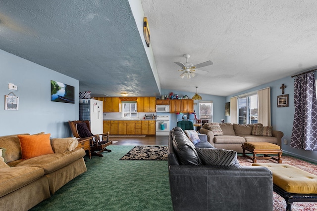 living area featuring dark carpet, ceiling fan, lofted ceiling, and a textured ceiling