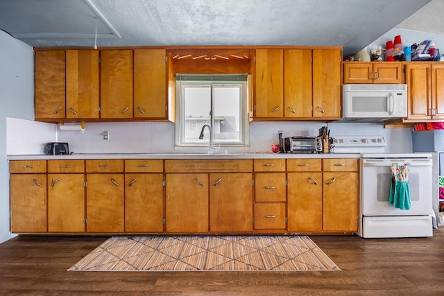 kitchen with brown cabinets, light countertops, white appliances, and dark wood finished floors