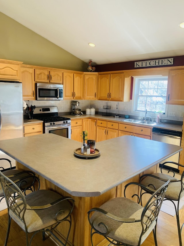 133 Bingham Dr, Brooklyn, MI 49230 - kitchen with stainless steel appliances, a kitchen bar, decorative backsplash, light wood-style floors, and vaulted ceiling