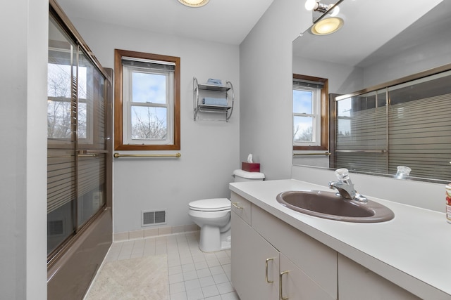 3755 Oak Dr, Ypsilanti, MI 48197 - bathroom with vanity, visible vents, toilet, tile patterned floors, and baseboards