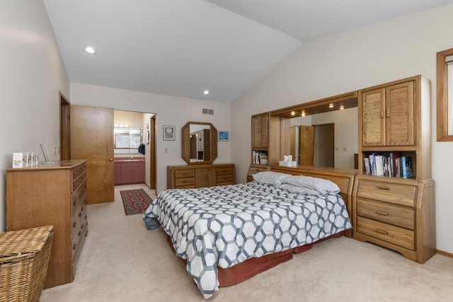 3755 Oak Dr, Ypsilanti, MI 48197 - bedroom featuring visible vents, light colored carpet, lofted ceiling, and recessed lighting