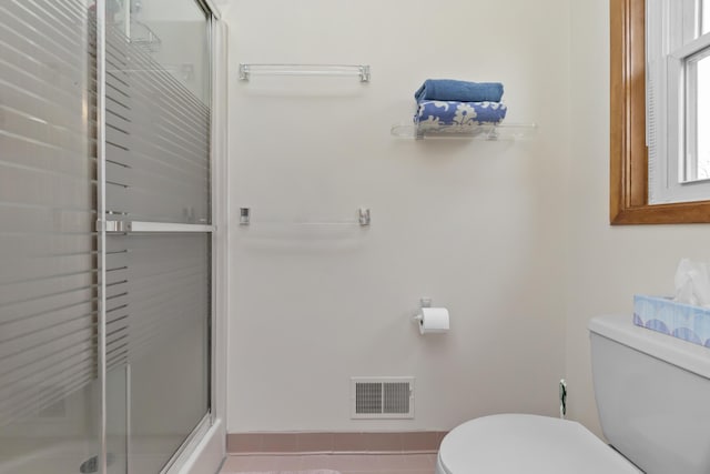 3755 Oak Dr, Ypsilanti, MI 48197 - bathroom featuring tile patterned floors, visible vents, an enclosed shower, and toilet
