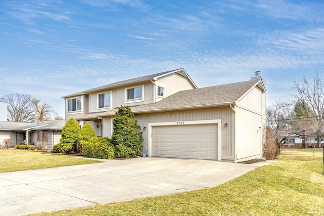 3755 Oak Dr, Ypsilanti, MI 48197 - traditional-style home featuring roof with shingles, a chimney, driveway, an attached garage, and a front lawn
