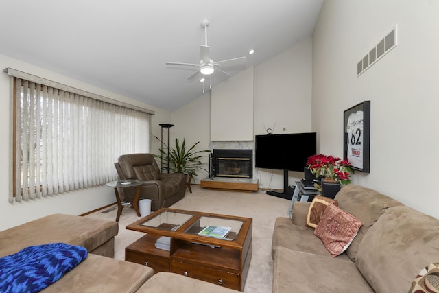 3755 Oak Dr, Ypsilanti, MI 48197 - living room with visible vents, ceiling fan, carpet, and a premium fireplace