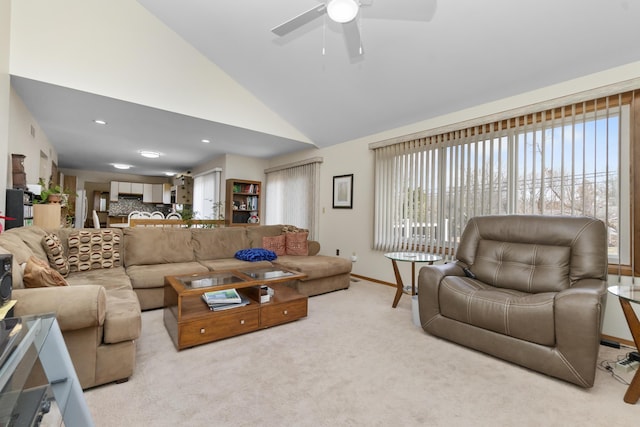 3755 Oak Dr, Ypsilanti, MI 48197 - living room with baseboards, ceiling fan, recessed lighting, vaulted ceiling, and light carpet