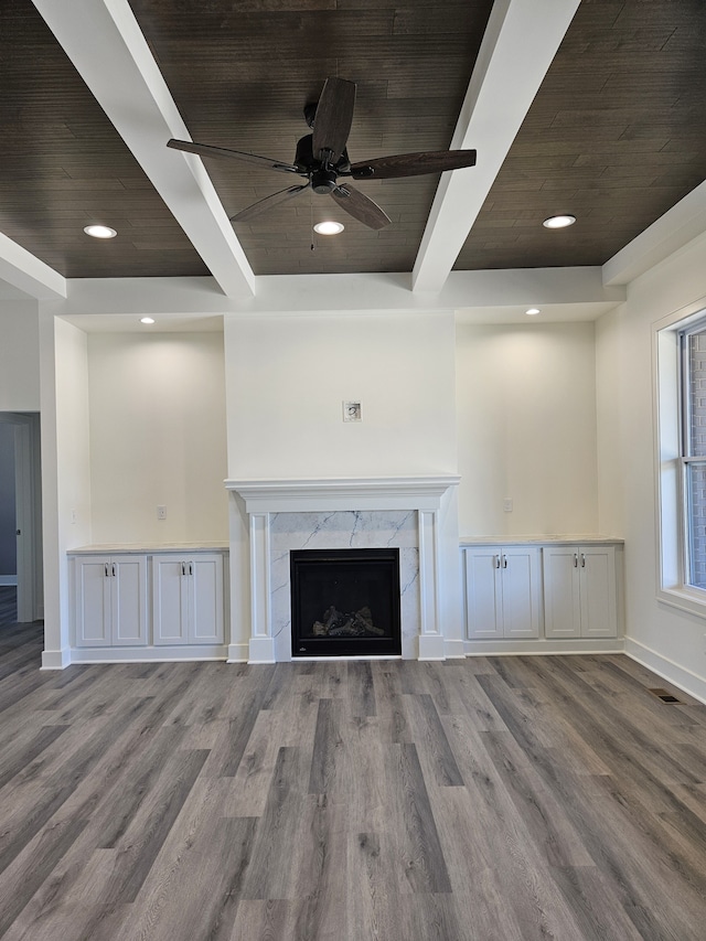 unfurnished living room with wood ceiling, beamed ceiling, and wood finished floors