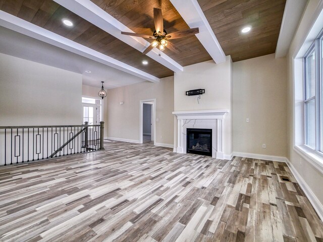 unfurnished living room with beam ceiling, baseboards, wooden ceiling, and wood finished floors