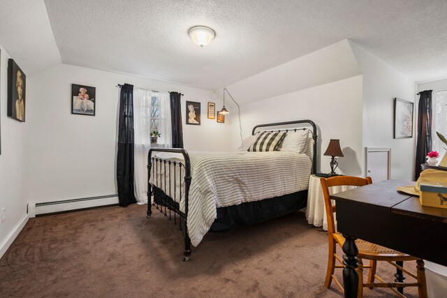 7630 Dilley Rd, Davisburg, MI 48350 - carpeted bedroom with baseboard heating, vaulted ceiling, and a textured ceiling