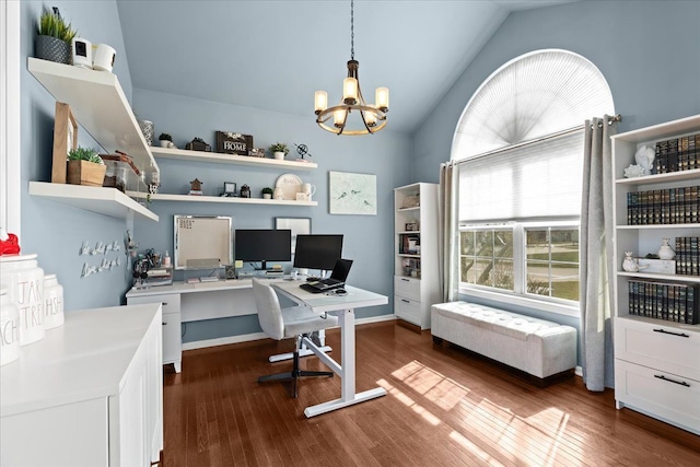 office with a chandelier, wood finished floors, and vaulted ceiling