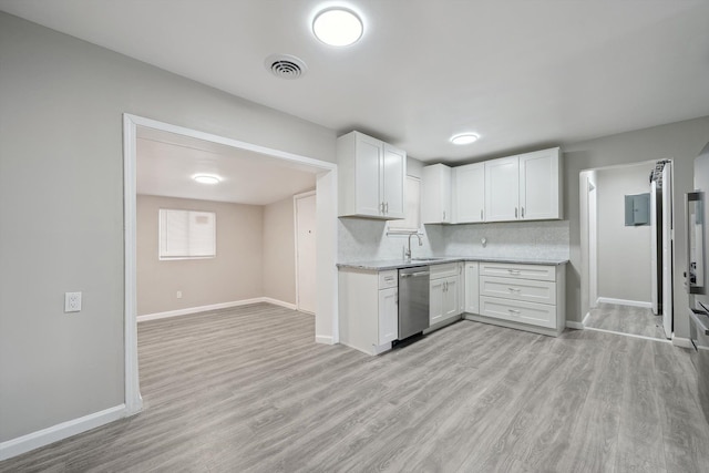 kitchen with light wood-style flooring, visible vents, a sink, white cabinetry, and stainless steel dishwasher