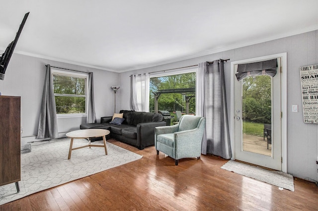 living room with ornamental molding, healthy amount of natural light, and hardwood / wood-style floors
