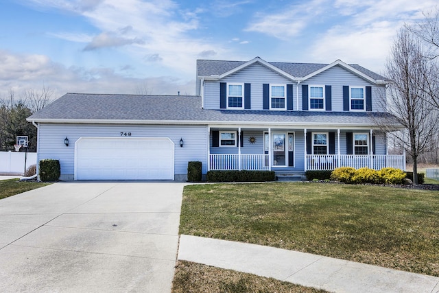 view of front of property featuring a porch, concrete driveway, an attached garage, a shingled roof, and a front yard