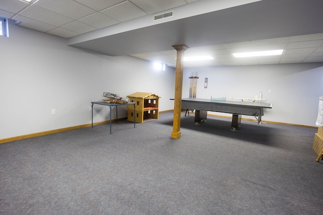 playroom with carpet floors, visible vents, a drop ceiling, and baseboards