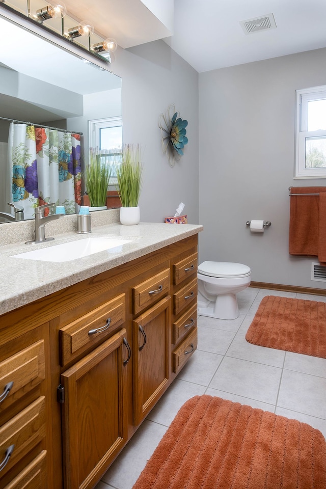 full bath with tile patterned flooring, visible vents, toilet, and vanity