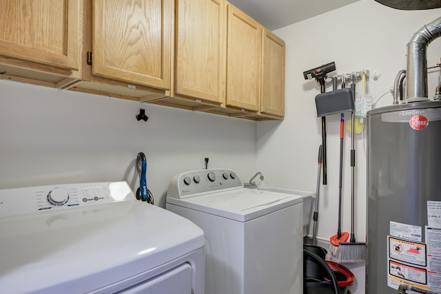 laundry room with water heater, cabinet space, and washer and clothes dryer