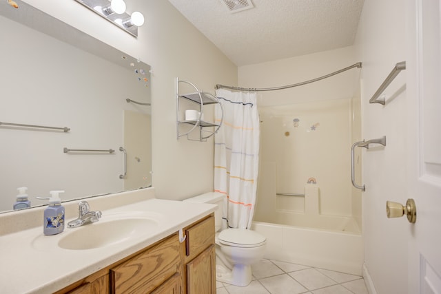 bathroom featuring tile patterned floors, a textured ceiling, visible vents, toilet, and shower / bath combo with shower curtain
