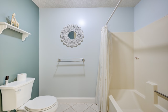 bathroom with shower / bath combination with curtain, toilet, tile patterned flooring, and a textured ceiling