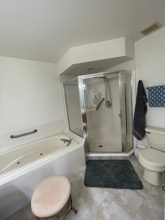 6181 Warwick Dr, Commerce Twp, MI 48382 - full bathroom featuring toilet, a jetted tub, a stall shower, and tile patterned floors
