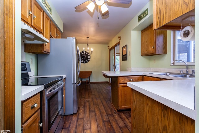 6051 Homestead Pl, Grand Blanc, MI 48439 - kitchen featuring a peninsula, electric range, under cabinet range hood, brown cabinets, and a sink