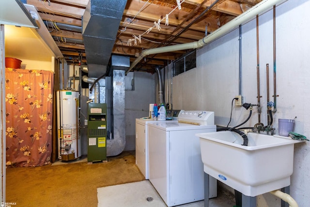 6051 Homestead Pl, Grand Blanc, MI 48439 - clothes washing area featuring a sink, heating unit, laundry area, water heater, and washing machine and clothes dryer