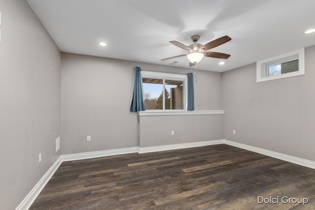unfurnished room featuring wood finished floors, ceiling fan, baseboards, and recessed lighting