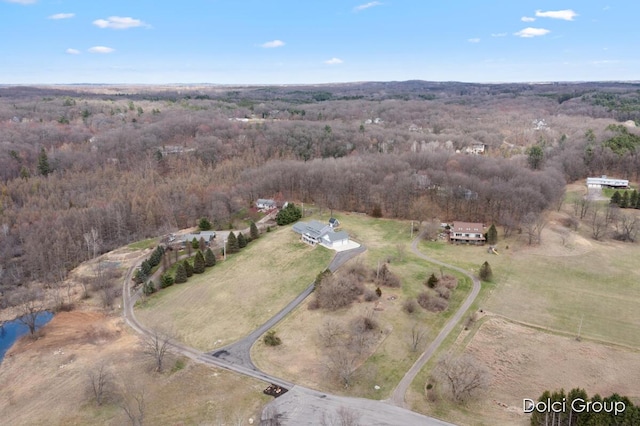 bird's eye view featuring a rural view and a view of trees