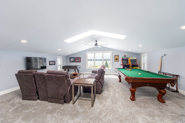 playroom with recessed lighting, pool table, carpet, and lofted ceiling with skylight