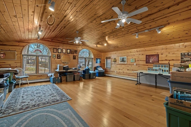 2745 Lari Ct, West Bloomfield, MI 48324 - interior space with wood walls, lofted ceiling, rail lighting, ceiling fan, and wood ceiling