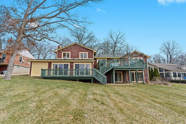 2745 Lari Ct, West Bloomfield, MI 48324 - rear view of house with a garage, stairway, a wooden deck, a chimney, and a lawn