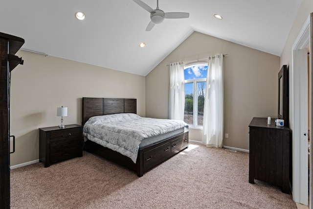 9025 Huron Bluffs Dr, White Lake, MI 48386 - bedroom featuring baseboards, light carpet, and vaulted ceiling