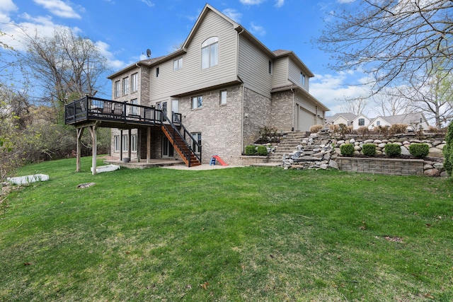 9025 Huron Bluffs Dr, White Lake, MI 48386 - back of property featuring a lawn, a deck, stairway, and brick siding