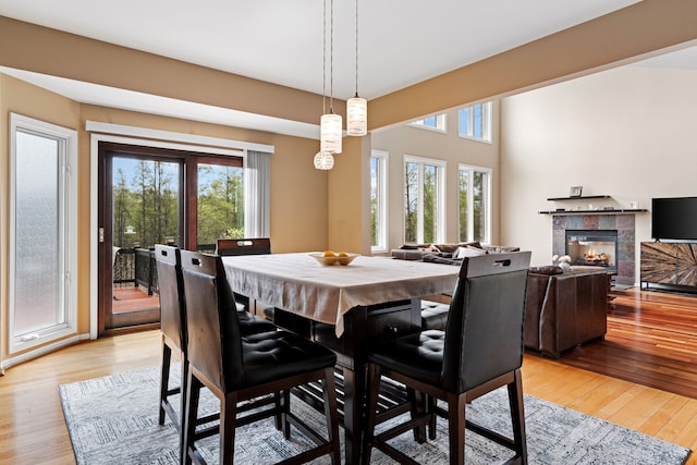 9025 Huron Bluffs Dr, White Lake, MI 48386 - dining room with light wood-type flooring and a tiled fireplace