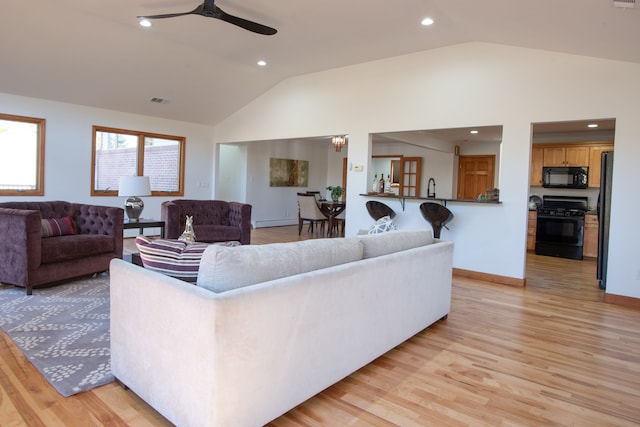 29632 Pond Ridge Rd, Farmington Hills, MI 48334 - living area with light wood-type flooring, vaulted ceiling, recessed lighting, visible vents, and ceiling fan