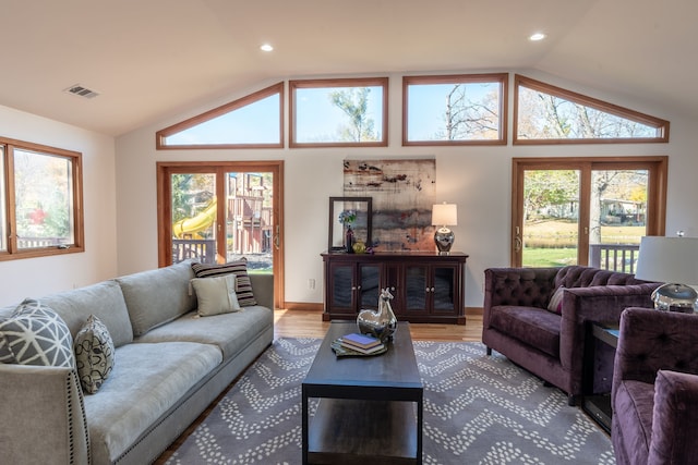 29632 Pond Ridge Rd, Farmington Hills, MI 48334 - living room with visible vents, recessed lighting, wood finished floors, and vaulted ceiling